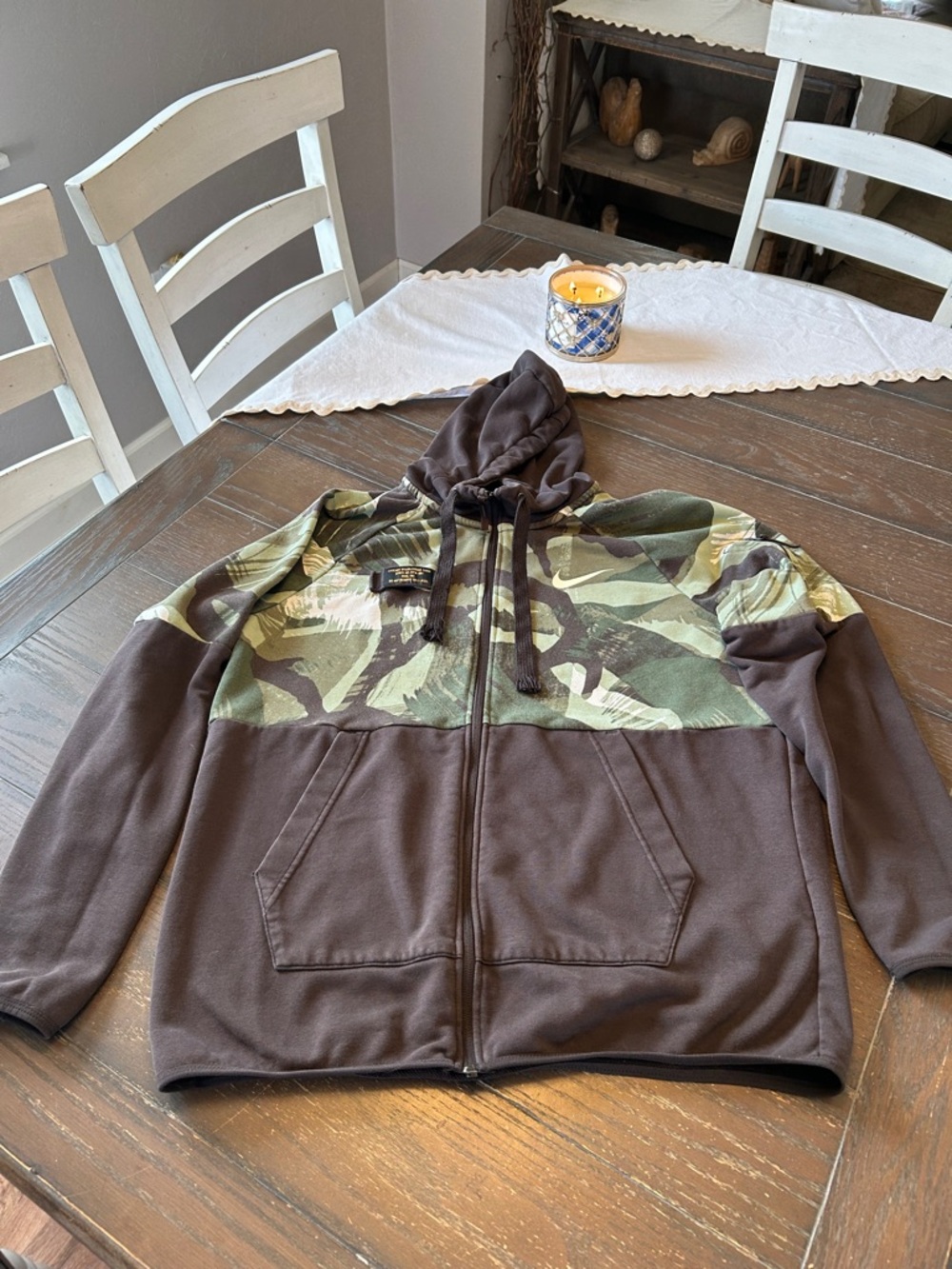 Nike Men’s Large Brown Hoodie with Green Camo Chest Panel